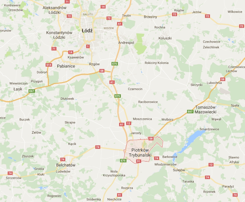mapa z miejscowościami Piotrków Trybunalski, Pabianice, Rzgów, Tuszyn, Łódź i województwo łódzkie